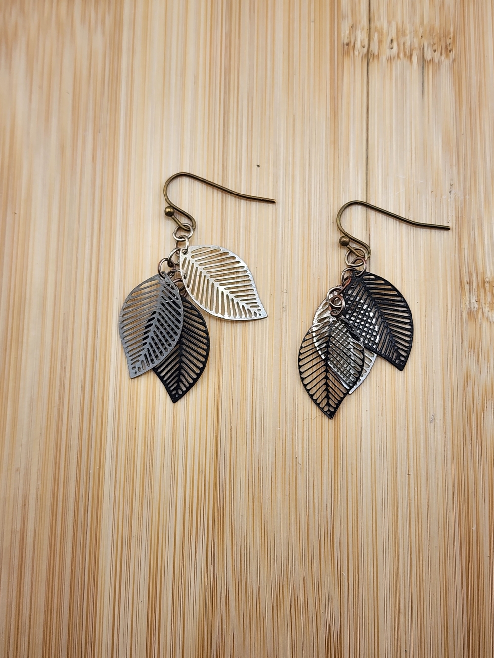 Layered Leaf Drop Earrings - Silver Tone & Black
